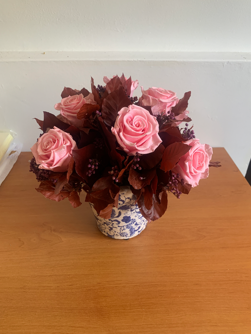 Pink Roses in Blue and White Pot
