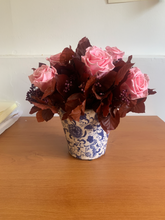 Pink Roses in Blue and White Pot