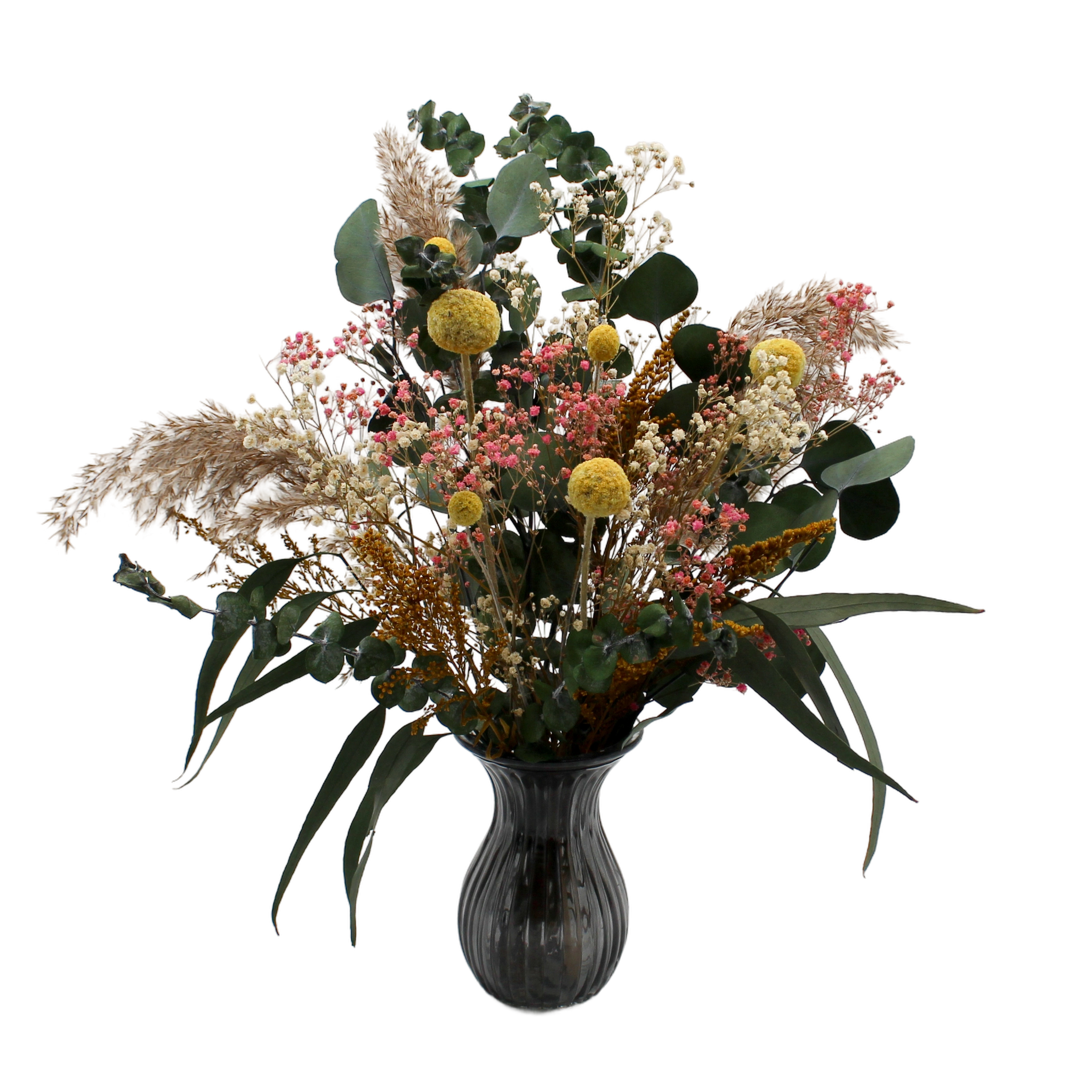 Preserved flower Bouquet in vase including eucalyptus, billy buttons, pink gypsophila and pampas